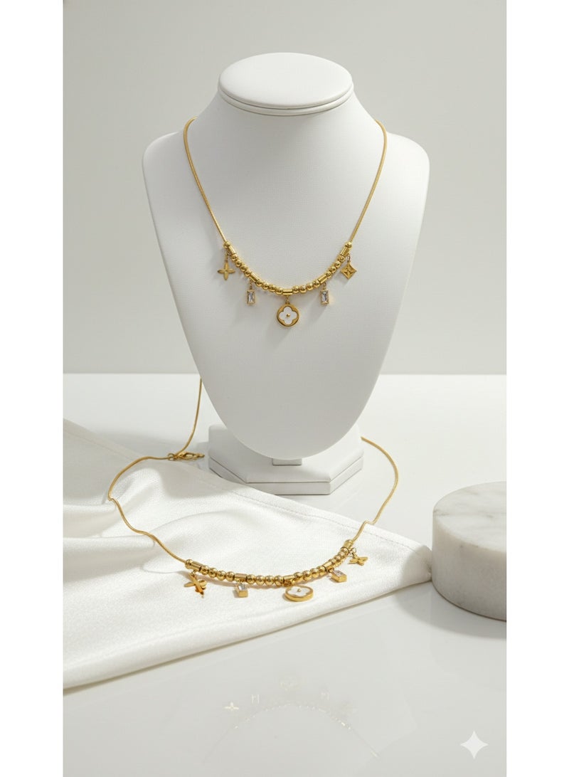 ورد سلسلة ذهبية أنيقة بدلايات متعددة وفصوص زيركون - ستانلس ستيل عالي الجودة - مناسبة للهدايا. - Image 1